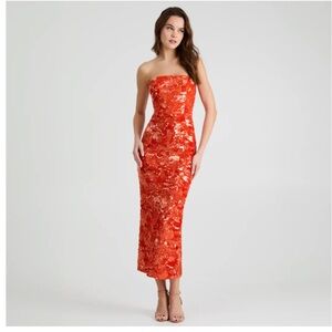 Strapless Orange Floral Sequin Midi Dress